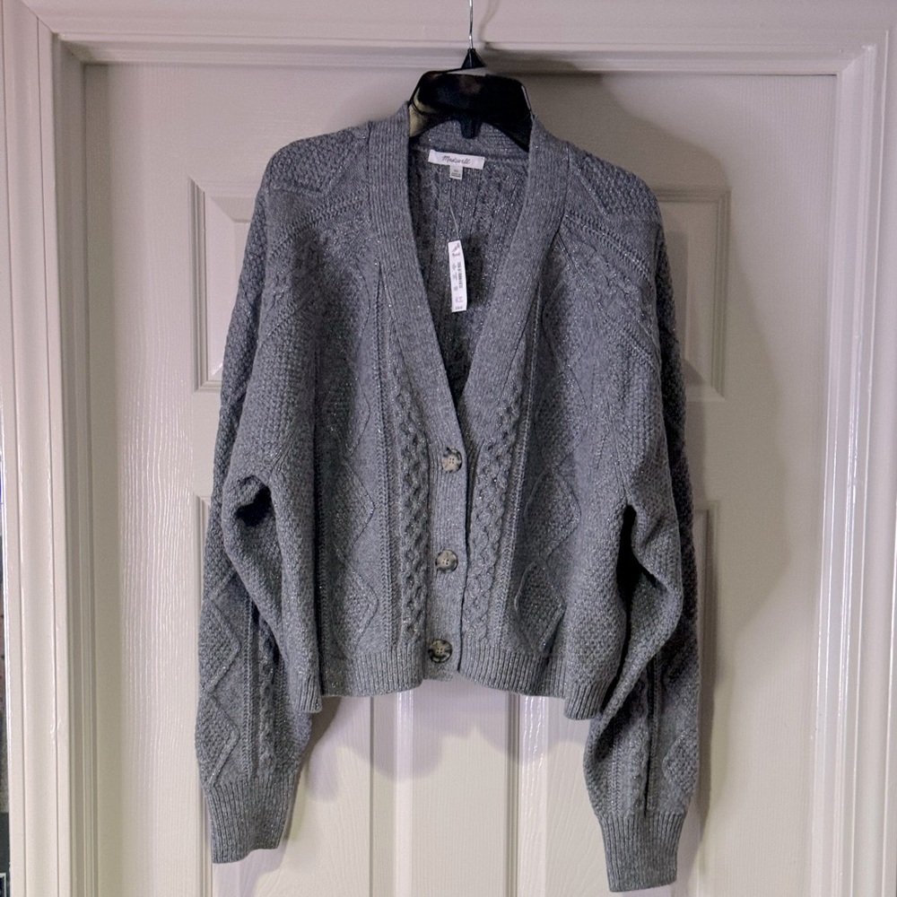 NWT Madewell Women’s Cable Knit Cropped Cardigan in Heather Graphite - Picture 7 of 12